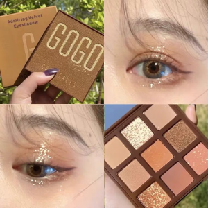 Gogo Tales Velvet Eyeshadow Palette 9 Colors Earth Tone Waterproof Sweatproof Long-lasting Natural 3D Suitable for All Skin Types