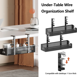 No-Drill Under Desk Cord Organizer - Mesh Cable Holder Basket for Socket/Outlet All-in-One Desktop & Wall Mount Storage Rack