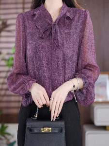 เสื้อเชิ้ตแขนยาวลายผ้าผูกโบว์ฤดูใบไม้ร่วงปี 2025 ไซส์ใหญ่ Q ปกปิดเนื้อผ้าลำลอง เสื้อผ้าคุณแม่ ทรงสลิมฟิต กระดุม