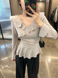 เสื้อสเวตเตอร์ถักคอวีแขนยาวสีดำไซส์ใหญ่ เสื้อคลุมกันหนาวทรงสลิมฟิตสำหรับผู้หญิงในช่วงต้นฤดูใบไม้ร่วง