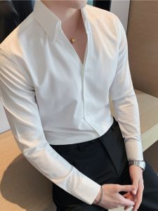 French Style Long Sleeve Fleece Lined Stand Collar Mens Shirt Fashionable Urban Standard Fit Button up Warm And Iron Free