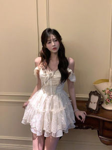 Váy Midi Chữ a Tay Ngắn Cổ Tròn Dáng Chữ a Cạp Cao Ren Ngọt Ngào Mùa Hè Cho Nữ Váy Bó Sát Kiểu Pháp