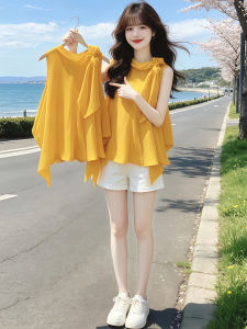 Shalldoer | Yellow Asymmetric Wide-Necked Spaghetti Strap Top
