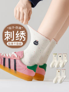 ถุงเท้าผู้หญิงถักลายการ์ตูนน่ารัก ถุงเท้ากลางน่องผ้าฝ้ายแท้ ขอบไม้กางเขน ถุงเท้าผู้หญิงสีขาว ฤดูใบไม้ผลิและฤดูร้อน