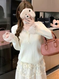 GUZILIAN | Elegant Lace Splice V-neck Knitwear Women Winter Butterfly Knot Belt Slim Fit Inner Wear Top New Style Korean Commute Style