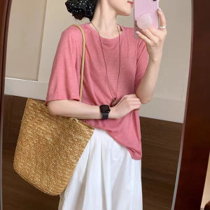 YUEZHONGWEI | Pink Round Neck Ice Silk Short Sleeve T-Shirt Women Summer Thin Loose Slimming Half Sleeve Body Shirt Lenzing Top