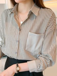 เสื้อเชิ้ตผู้หญิงแขนยาวลายสก็อตสไตล์ฮ่องกงย้อนยุค ทรงหลวม ทรงพอดีตัว คอกลม ปกเสื้อเชิ้ต สไตล์ลำลอง