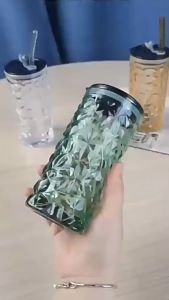 Ly Nước Thủy Tinh Pha Lê Nắp Gấu Kèm Ống Hút Hình Trụ