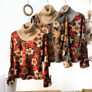 Autumnal Plush Long Sleeve High Collar Base Shirt Womens Style Full Mountain Red Layered Forest Dyed Retro Forest Girl System