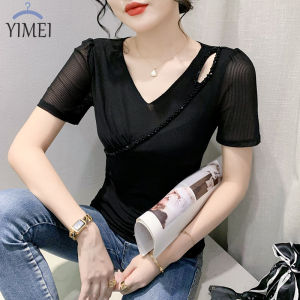 Yimei 2023 mùa hè mới cổ chữ V Áo Phông Ngắn Tay Phong Cách Phụ Nữ với đầu đính cườm chạm khoét gấp lại thiết kế phong cách nhỏ lót cho nữ