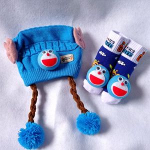 Topi Kupluk Rajut Model Kepang Plus Kaos Kaki Bayi (Anak) Usia 0-18 Bulan | Boneka Karakter Lucu dan Unik | Bahan Lembut dan tidak panas