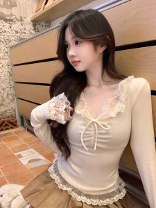 GUZILIAN | เสื้อยืดผู้หญิงสีขาว Pure Desire ทรงสั้น ผ้าขนแกะ ลายลูกไม้ ชุดชั้นใน ปมผีเสื้อ แฟชั่นฤดูใบไม้ร่วง/ฤดูหนาว เสื้อตัวบนสุดหรูหรา