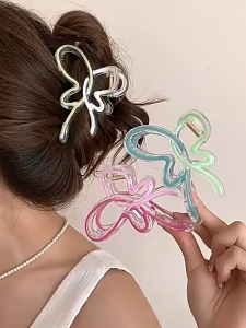 Jelly Color Gradient Bow Hair Clip Womens Summer Contrast Color Acrylic Shark Clip Hair Accessories