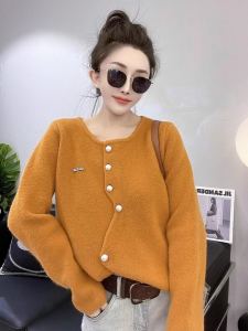 Korean Gentle Irregular Knitting Cardigan Female 2024 Spring and Autumn Soft Glutinous Long Sleeves Outwear round Neck All-Matching Tops