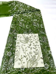 OLEVO | AT2827 High Quality Nigerian Beaded Lace Fabric 5 Yards End African Sequins Embroidery Tulle Lace For Wedding Party Dress Sewing