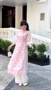 Váy nữ xinh Áo dài lụa voan tơ họa tiết chìm tay lửng Kemi 2 màu thanh lịch duyên dáng