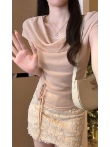 YUEZHONGWEI | French Style Scoop Neck Slim Pink Ice Silk Summer Short Sleeve T-Shirt