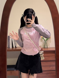 Color Matching Letters Print Long Sleeves T-Shirt Womens Early Autumn Thin Type Sweet and Spicy Bottoming Shirt Round Neck Slimming Short Top