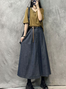 กระโปรงยีนส์ทรงเอไซส์ใหญ่สไตล์วินเทจ กระโปรงยาวคลุมเข่าแฟชั่นสำหรับผู้หญิงในฤดูร้อนปี 2023 กระโปรงทรงเอผ้าไหมเท็กซ์ที่สวมใส่สบาย