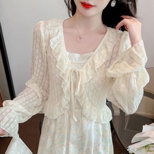 Elegant Long Sleeve Lace Shoulder Shawl Womens Summer Top with Halter Skirt Small Outerwear Korean Style Loose Fit V Neck
