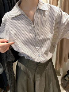 French Vintage Striped Polo Collar Shirt Womens Spring Autumn Layering V-neck Long Sleeve Loose Casual Top