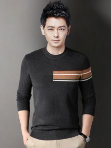 ROMON | เสื้อสเวตเตอร์ถักนิตติ้งคอตตอนสำหรับผู้ชาย ทรงเข้ารูป แขนยาว ปกติ แฟชั่นฤดูหนาว ลำลอง คอตตอน โพลีเอสเตอร์ ไนลอน