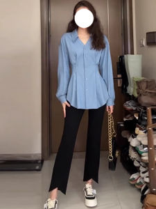 Slimming V-Neck French Style Shirt plus Size Womens Long Sleeve Shirt Design Sensation Small Audience Elegant Top