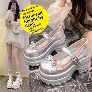 Giày Đế Dày Thắt Nơ Màu Bạc Thời Trang Nữ Giày Bệt Đế Cao Su PU Cổ Điển Mùa Thu 2024 Đế Xuồng PU