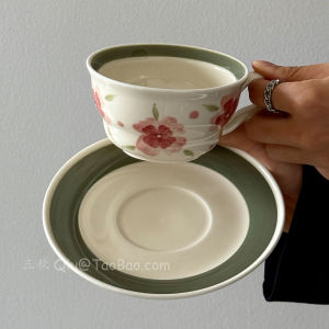 แก้วกาแฟลายมือจิตรกรรมย้อนยุค Sanq Vintage Latte Art Cup พิมพ์ลายดอกไม้สีชมพู ชานั่งเล่นในช่วงบ่าย ของขวัญ