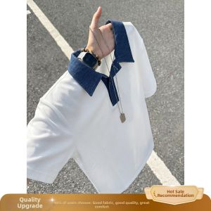 OUMULONG | Designed Polo Shirt Clean Fit Heavyweight Denim Collar Short Sleeve White