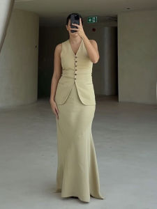 2024 Woman Vest Set Khaki V-Neck Sleeveless Pocket Waistcoat Top + Elastic High Waist Asymmetrical Slim Female Long Skirt