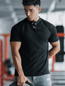 Summer Isn Breathable Quick-Drying Henry Collar Sports Short Sleeve Silm Muscle Workout Dog Lapel Polo Shirt Men T-shirt