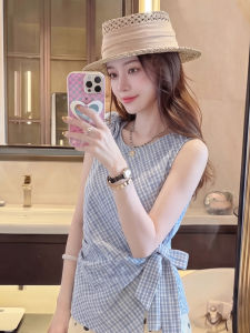 YIKEMAI | French Design Blue Checkered Tie Waist Sleeveless Top Summer