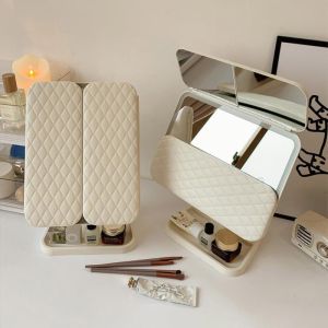 3 Warna LED Rechargeable Cermin Rias Bercahaya Cermin Rias Led Shell Cermin Rias Dengan Lampu + Kotak Penyimpanan 180 ° Cermin Rias Bukaan Ganda Yang Dapat Diputar