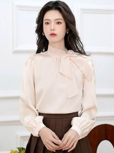 เสื้อเชิ้ตผ้าซาตินสำหรับผู้หญิง ดีไซน์เก๋ไก๋ ผ้าชีฟองสไตล์ฝรั่งเศส คอป้าน แขนยาว สีพื้น ทรงหลวม ฤดูใบไม้ผลิ 2025