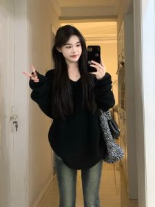 Elegant Black V-neck Knitted Sweater Womens Fashionable Unique Spring Autumn Knitwear Comfortable Warm Straight Cut Top