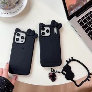Sanrio | Sweet and Cool Black Hello Kitty Phone Case For iPhone 17 16 15 14 13 12 Pro Max Plus Cartoon Kitty Phone Case with Wrist Strap
