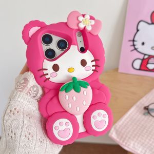 Sanrio | Korea Cute Bowknot Strawberries Sanrio Hello Kitty 3D Silicone Soft Phone Case For iPhone 17 16 15 14 13 Pro Max 16 15Plus Cover