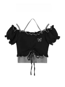 เสื้อยืดคอวีแขนสั้นผู้หญิง Y2K ฤดูร้อน 2025 Pure Desire Design Sensation เสื้อกั๊กแขนสั้น ชุดสองชิ้น แฟชั่นสตรีท