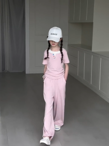 New Terno For Kid Girl 7-15yrs Fake Two Pieces Crop Top+ Loose Pants Summer Outfit For Kids Girl