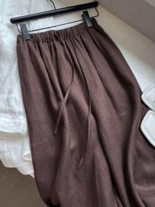 กางเกงขายาวทรงหลวมเอวสูงผ้าลินินสีเบจ กางเกงขายาวทรงหลวมสบาย ๆ สำหรับผู้หญิงในฤดูร้อน กางเกงขายาวทรงหลวมทรงหลวม