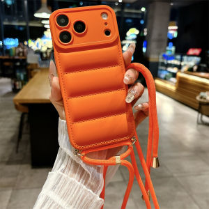 Soft Down Jacket Lanyard Crossbody Case For iPhone 17 16 15 14 13 12 11 Pro Max Plus Air XR XS Max Long Strap Solid Color Cover