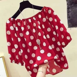 เสื้อเชิ้ตผ้าชีฟองทรงหลวมแขนสั้นฤดูร้อนปี 2025 สำหรับผู้หญิง คอวีลายจุด ปกปิดหน้าท้อง เสื้อคลุมกันหนาวแบบลำลอง