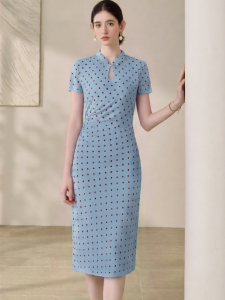 Roey s house | Elegant Chinese Style Blue Polka Dot Slim Fit Cheongsam Dress