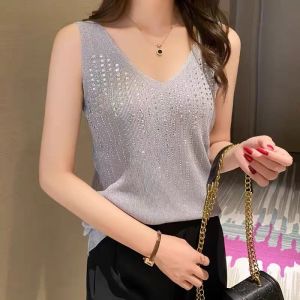Womens Summer Vest Strap Knitted Ice Silk Thin Sleeveless V-Neck Comfortable Base Shirt Single Piece Slim Fit Lace Element