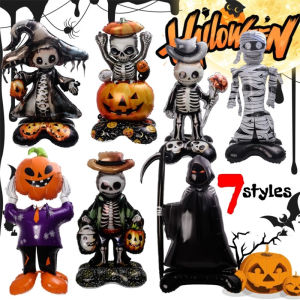 Large Sickle Reaper Dead Pumpkin Skull Series Inflatable Balloon Halloween Standing Aluminum Foil Balloon Party Horror Atmosphere Decoration Props