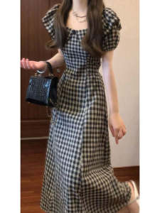 CHANGTONG | Flare Sleeves Check Waist-cinching Slim Fit Long Dress