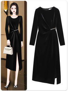 Elegant Thick Velvet Dress Womens Winter Fashionable Ultra-Hot French Style Inner Wear Black Long Dress High Waist A-Line Skirt