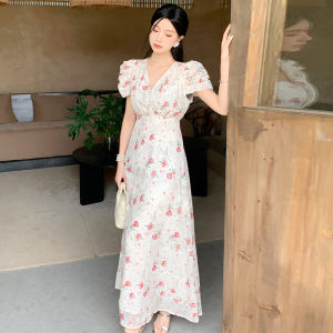 Impression Fashion Women's Chiffon Jacquard Floral V-neck Short Pleated Sleeve High Waist A-line Long Dress