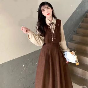 Red Corduroy Skirt Set Womens Spring Autumn Large Size School Style Dress Two-Piece Suit Short Sleeve Doll Collar Commute Quality